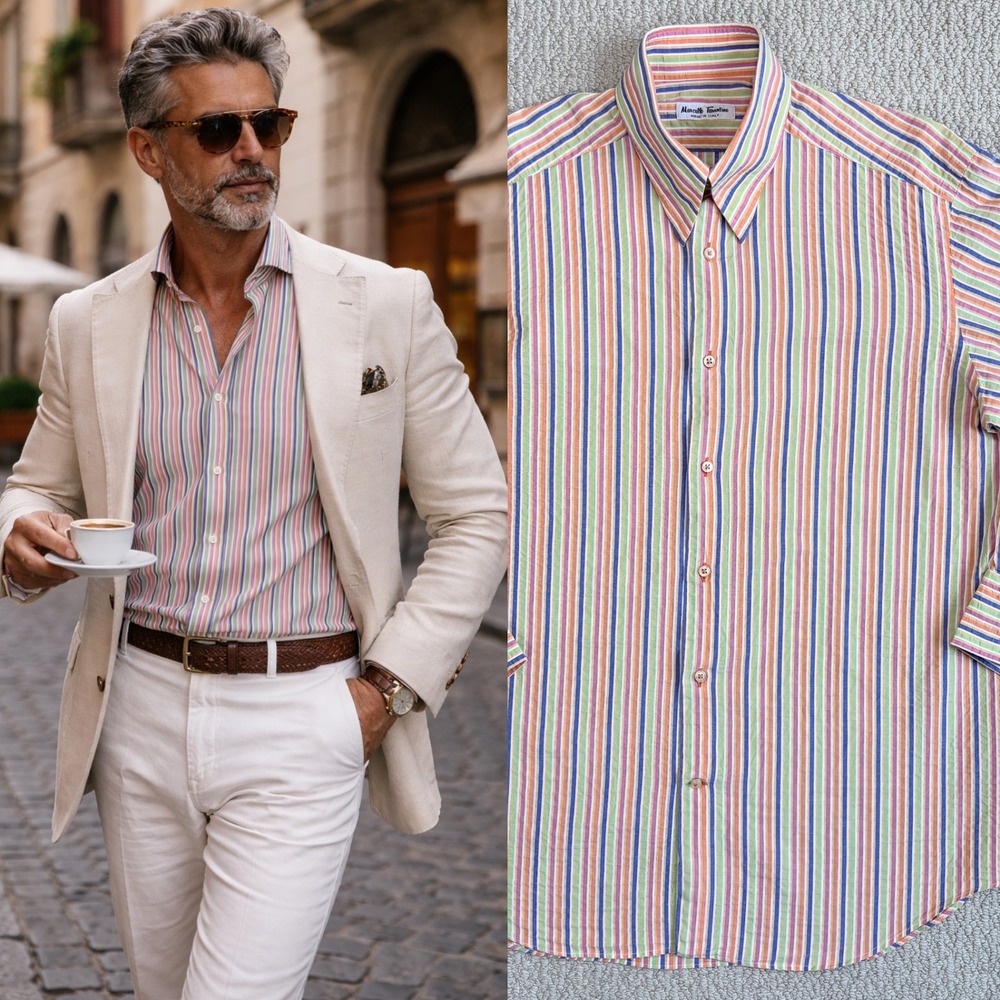 Marcello Tarantino Mens Striped Button Up Shirt Made in Italy Multi Color‎ 41/16